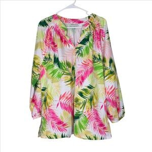 Draper's & Damon's White & Bright Multi Colored Tropical Print Silky Blouse Lrg